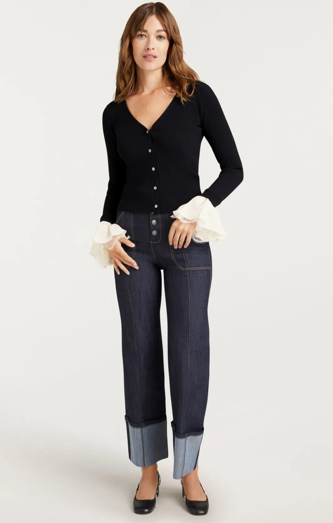 Long Sleeve Tops | Sweaters & Knits<Cinq à Sept Bernadette Prestyled Ribbed Cardigan Black/Ivory