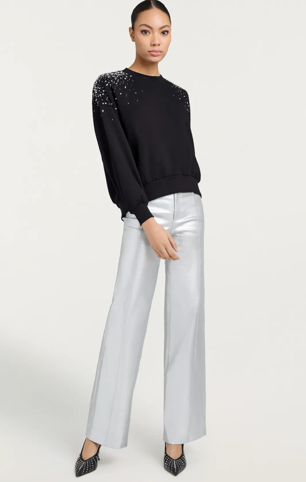 Long Sleeve Tops | Sweaters & Knits<Cinq à Sept Crackle Rhinestone Embellished Brandy Pullover Black