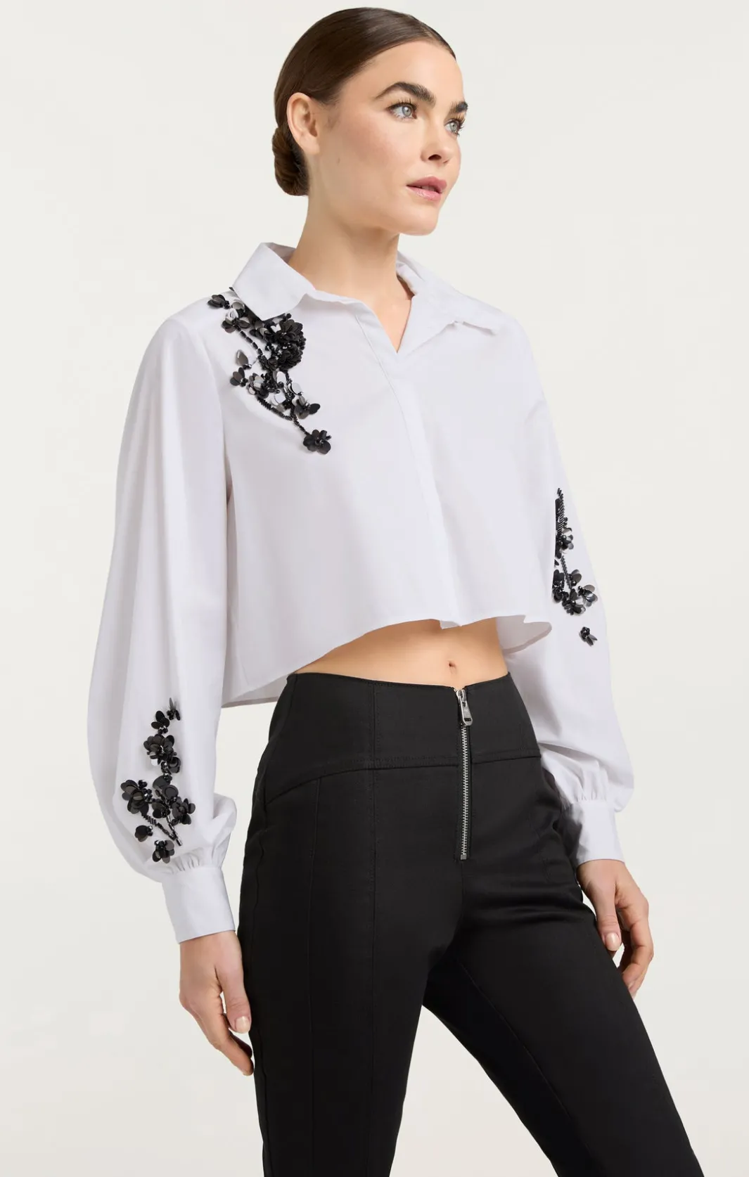 Long Sleeve Tops<Cinq à Sept Cropped Selina Top SequinFlowerWhite/Black