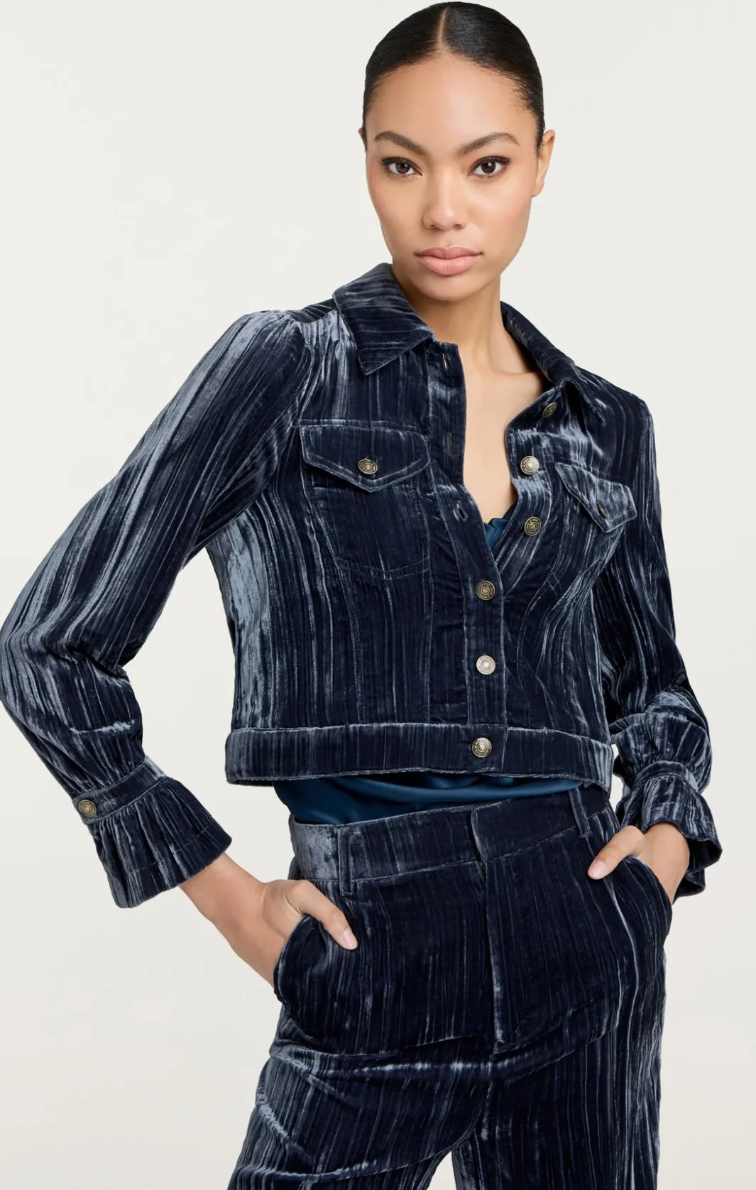 Jackets<Cinq à Sept Crushed Velvet Dillon Jacket PeacockBlue