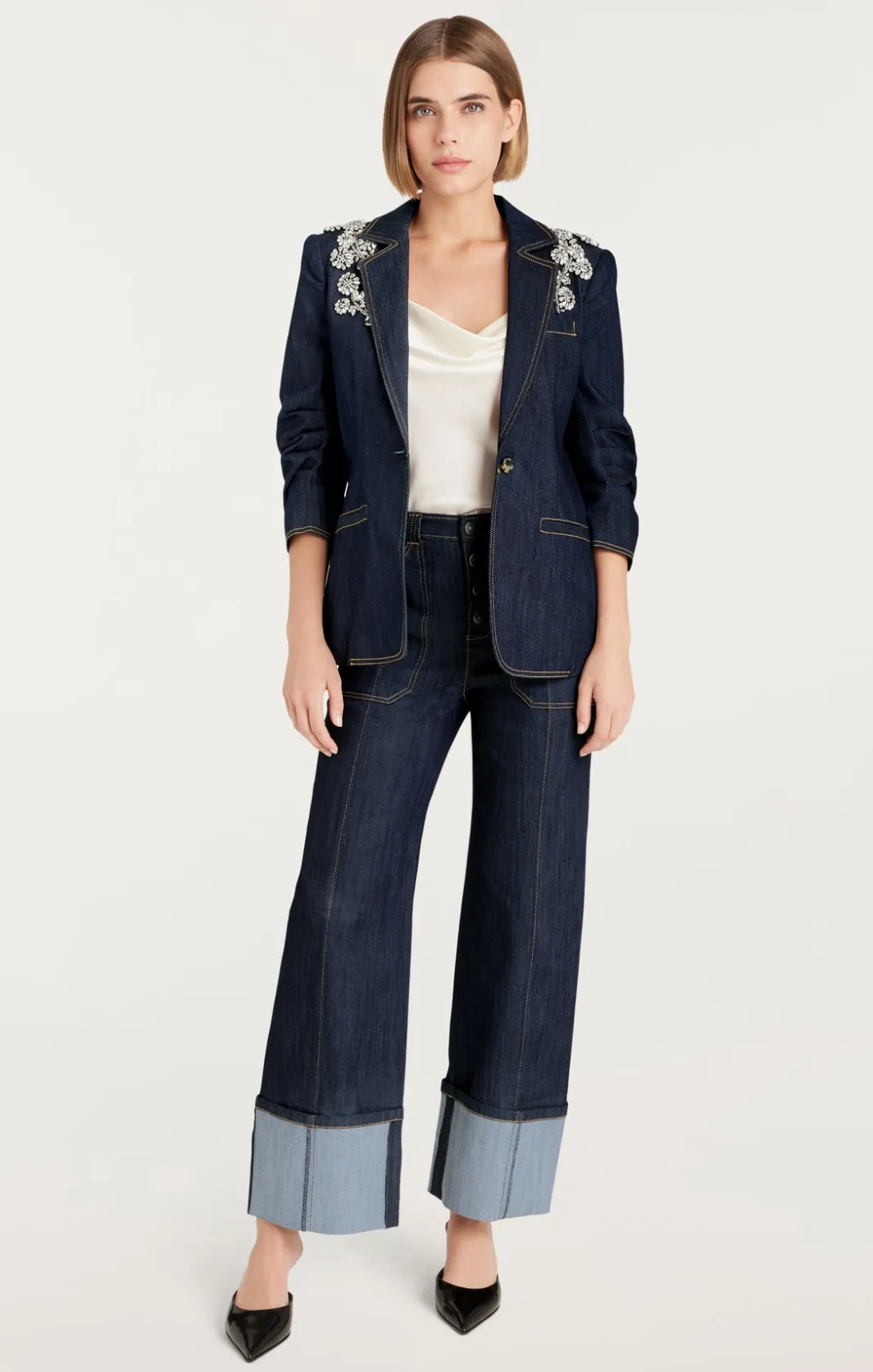 Blazers | Denim<Cinq à Sept Crystal Chrysanthemum Khloe Blazer Indigo
