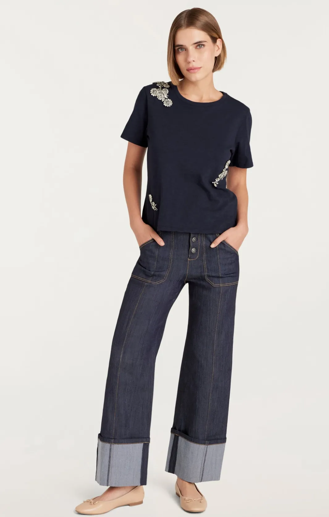 Tees & Pullovers<Cinq à Sept Crystal Chrysanthemum Shrunken Tee Navy