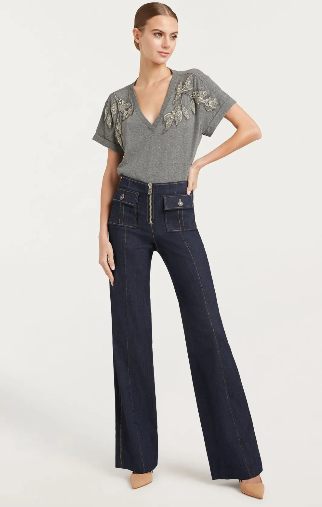 Tees & Pullovers<Cinq à Sept Crystal Floral Vneck Bree Tee HeatherGrey