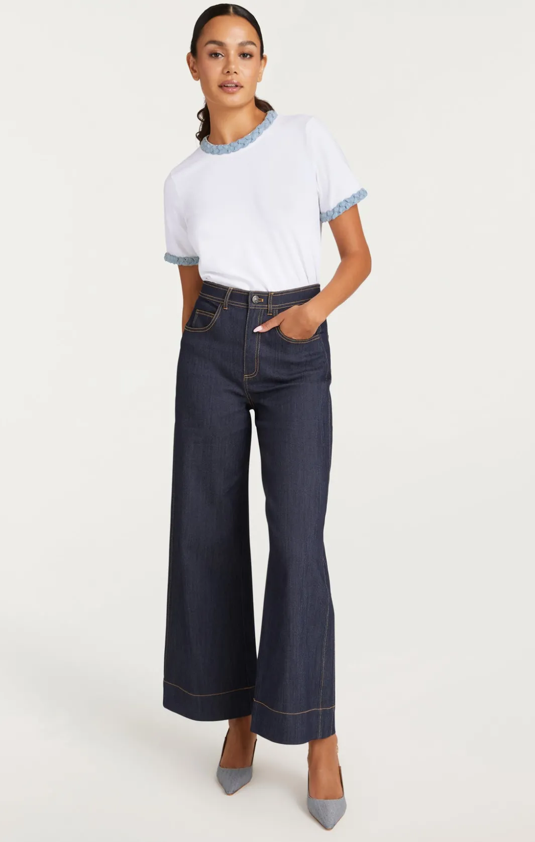 Tees & Pullovers<Cinq à Sept Denim Braided Tee White/LightWash