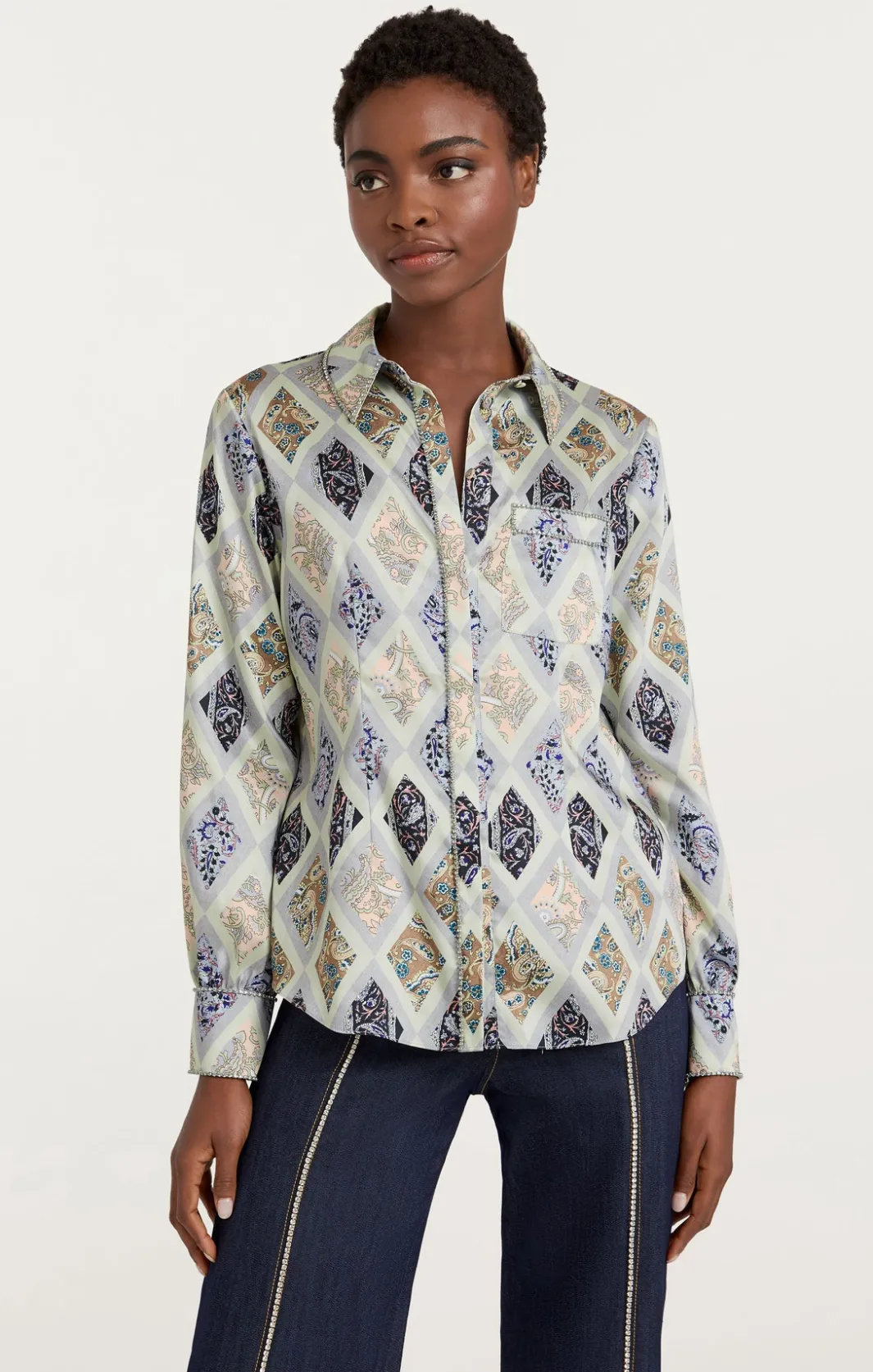 Long Sleeve Tops<Cinq à Sept Diamond Sea Blanche Top CeladonMulti