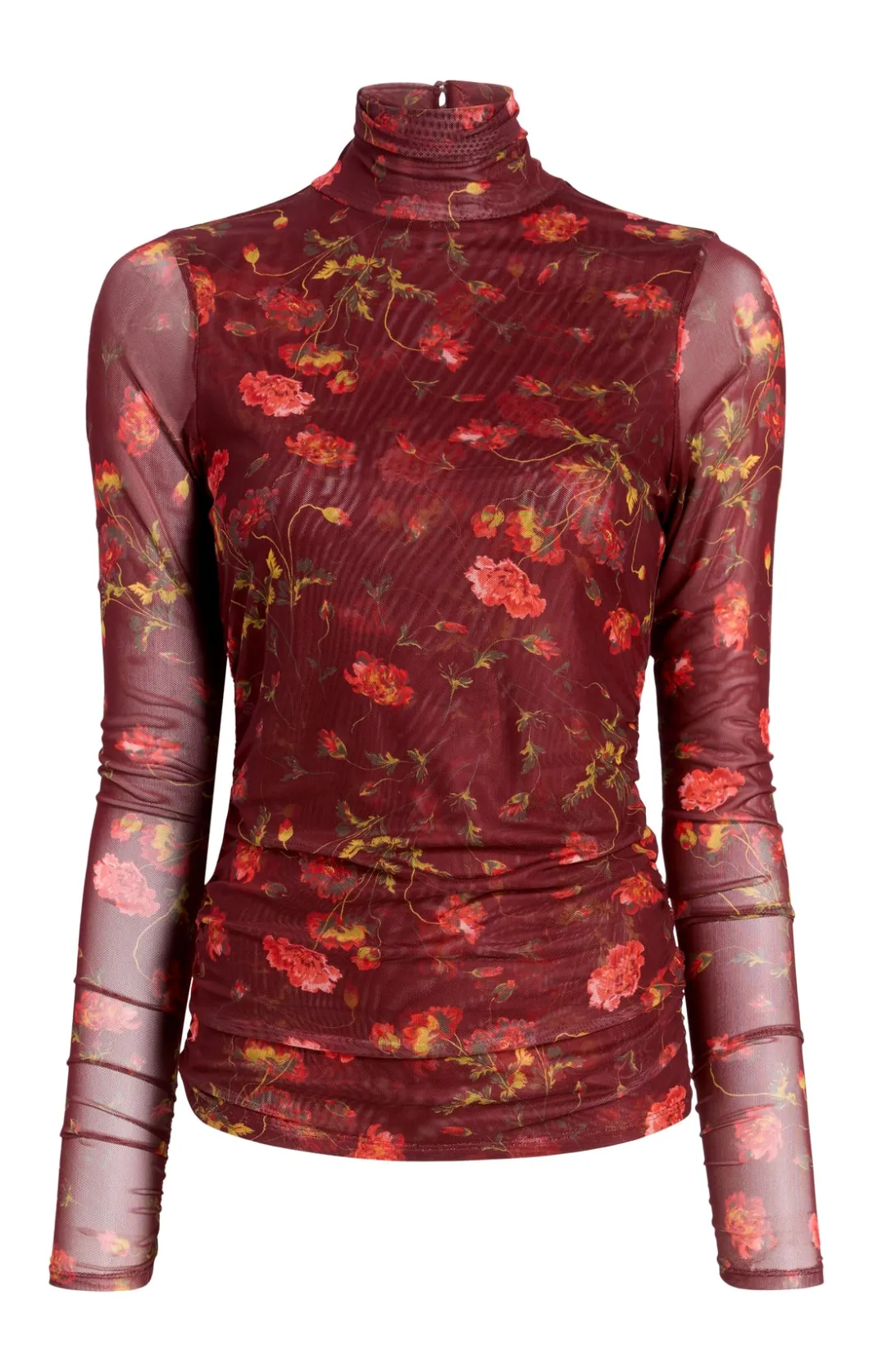 Long Sleeve Tops<Cinq à Sept Falling Poppies Shirred Mesh Turtleneck RhubarbMulti