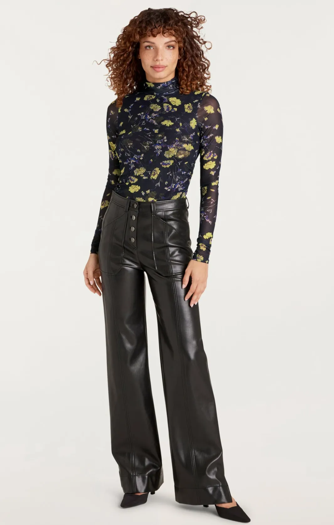 Long Sleeve Tops<Cinq à Sept Falling Poppies Shirred Mesh Turtleneck BlackMulti