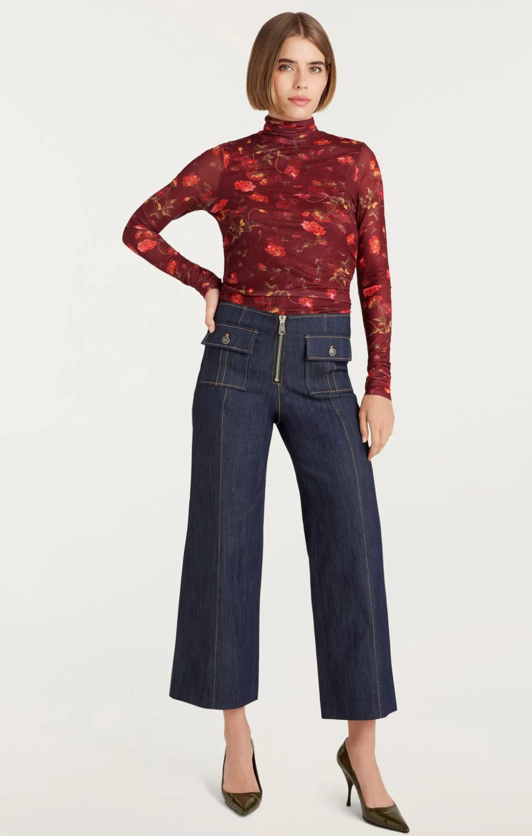 Long Sleeve Tops<Cinq à Sept Falling Poppies Shirred Mesh Turtleneck RhubarbMulti