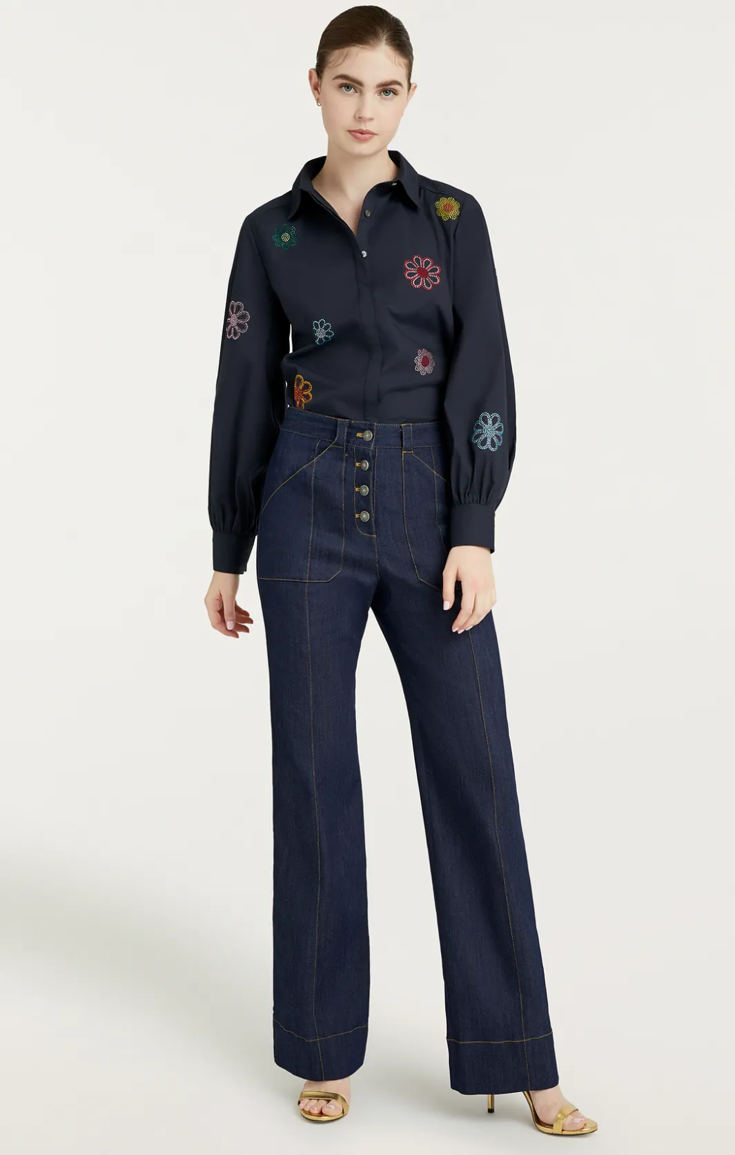 Long Sleeve Tops<Cinq à Sept Heatset Daisy Embellished Kandice Top Navy