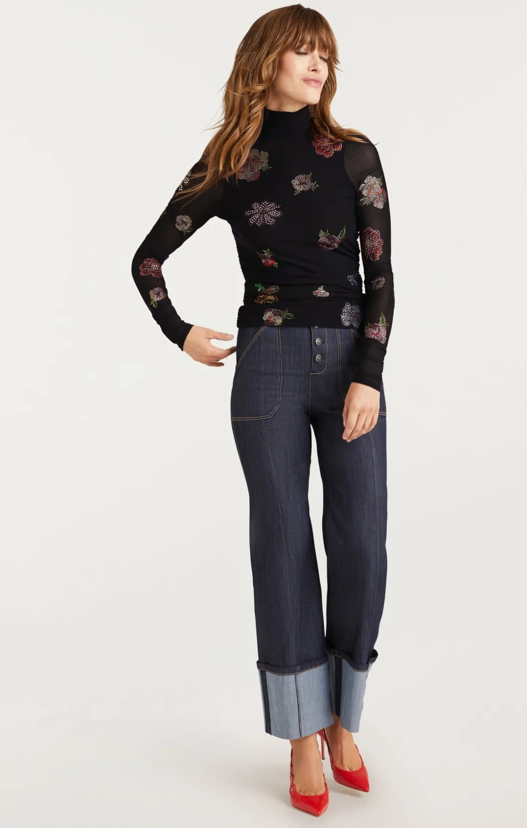 Long Sleeve Tops<Cinq à Sept Heatset Pansy Garden Mesh Turtleneck Black/Multi