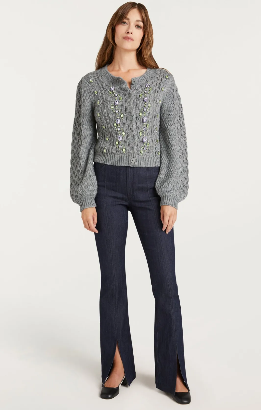 Sweaters & Knits | Sweaters & Knits<Cinq à Sept Joelle Embellished Cable Cardigan CharcoalLilac/Green
