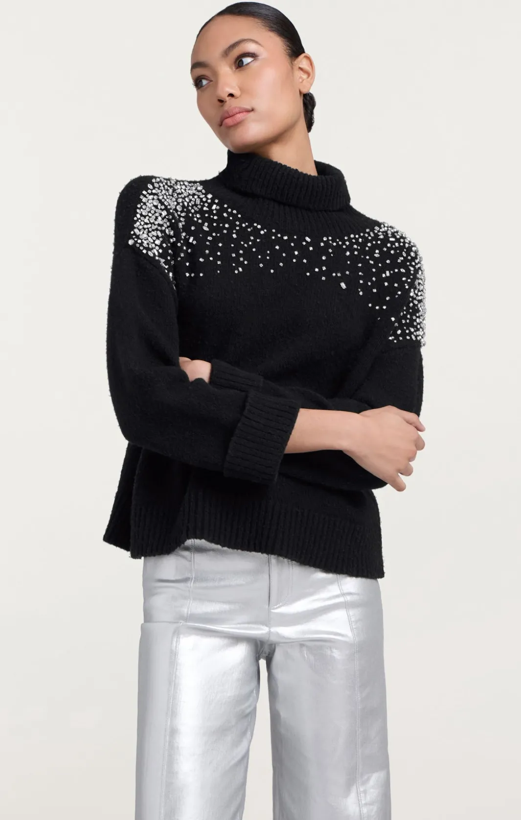 Long Sleeve Tops | Sweaters & Knits<Cinq à Sept Rhinestone Crackle Embellished Alani Turtleneck Black
