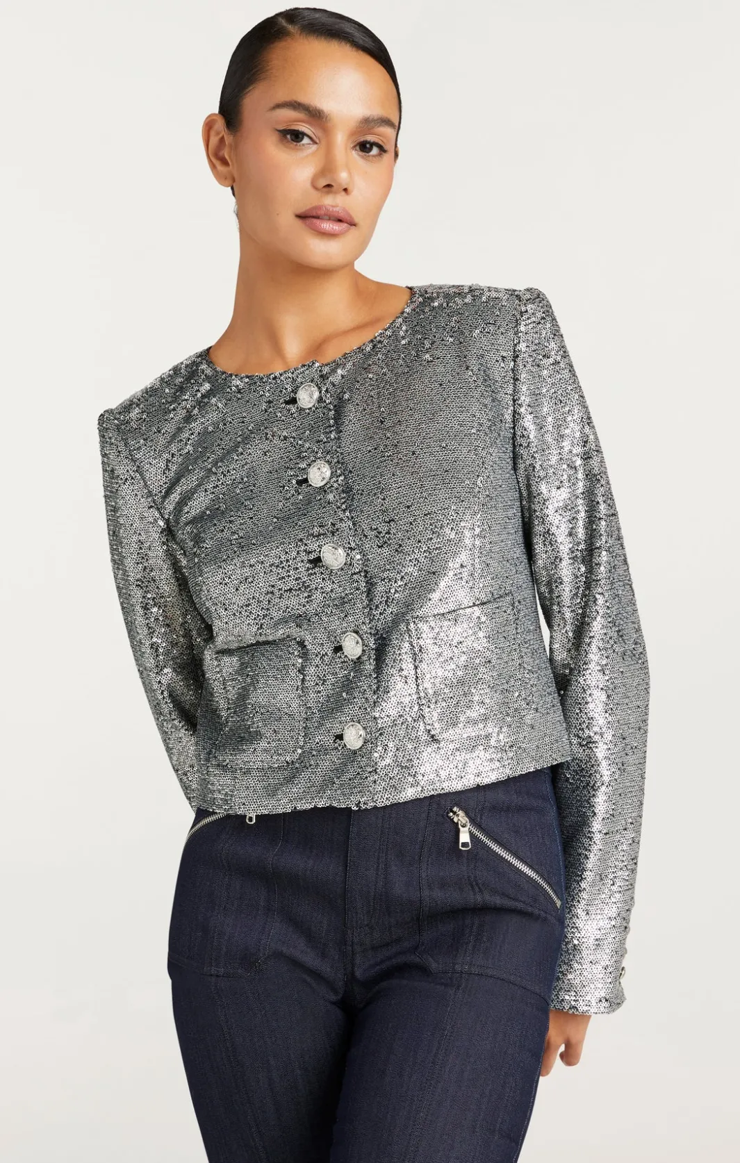 Jackets<Cinq à Sept Sequin Randi Jacket Silver