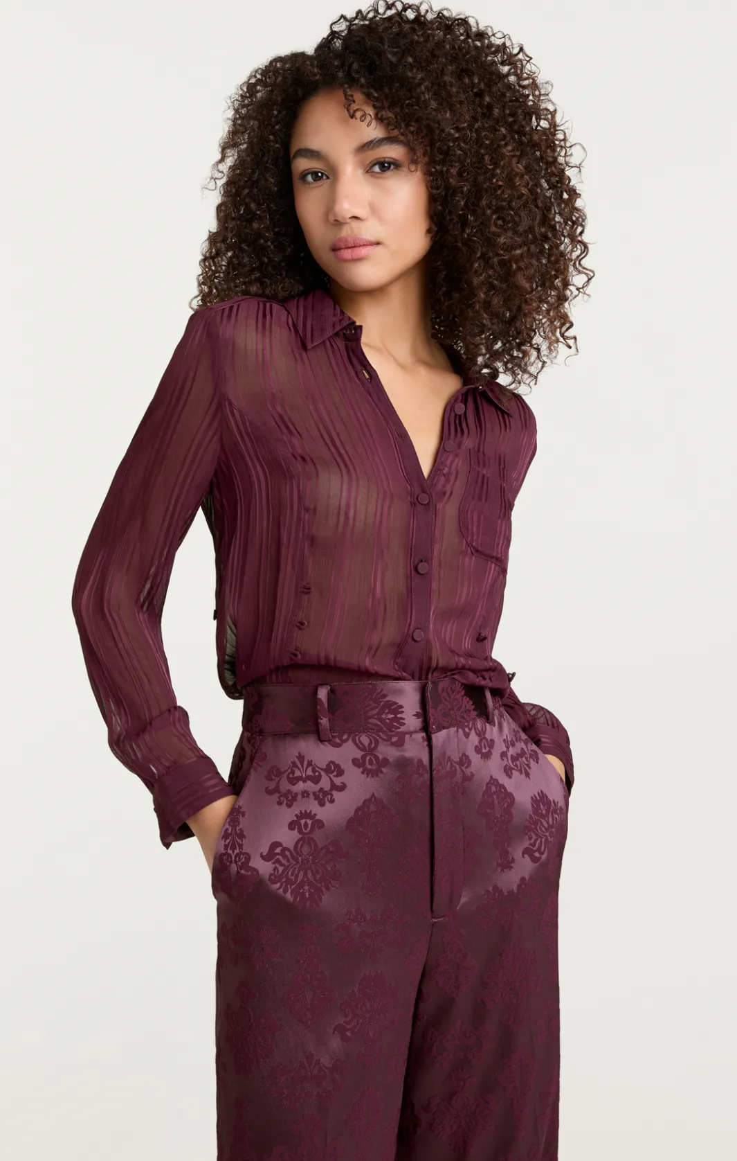 Long Sleeve Tops<Cinq à Sept Sheer Stripe Shirred Kandice Top DarkFig