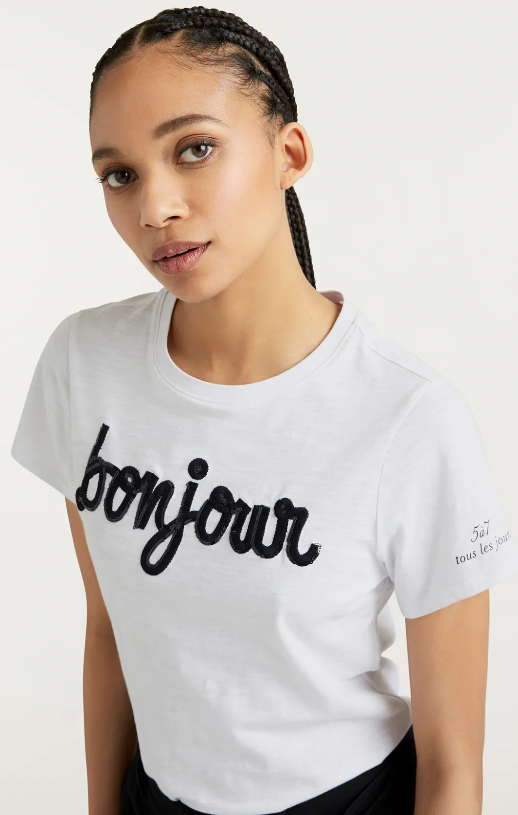 Tees & Pullovers<Cinq à Sept Shrunken Fringe Bonjour Tee White/Black
