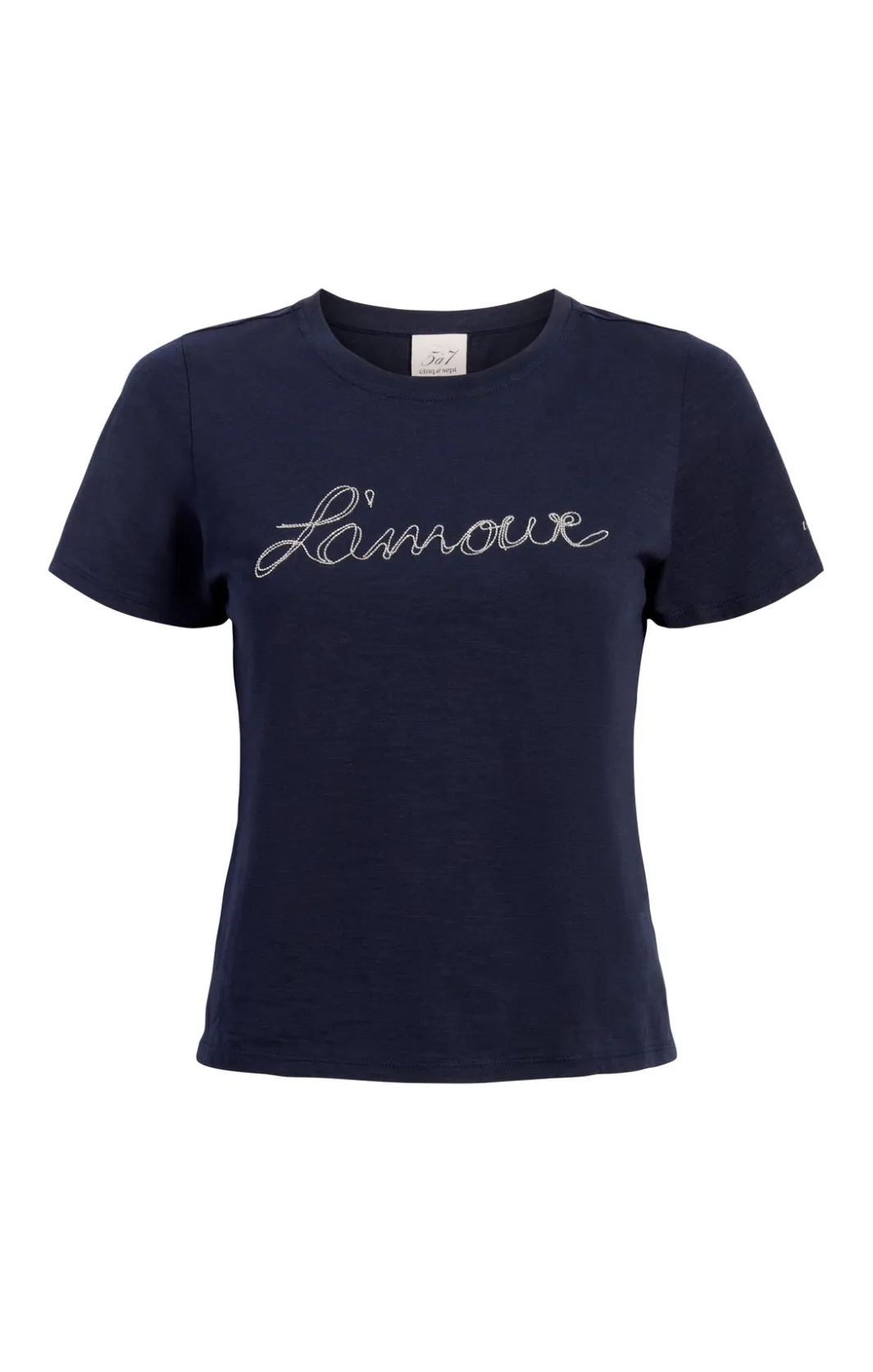 Tees & Pullovers<Cinq à Sept Silver Chain L'amour Shrunken Tee Navy/white