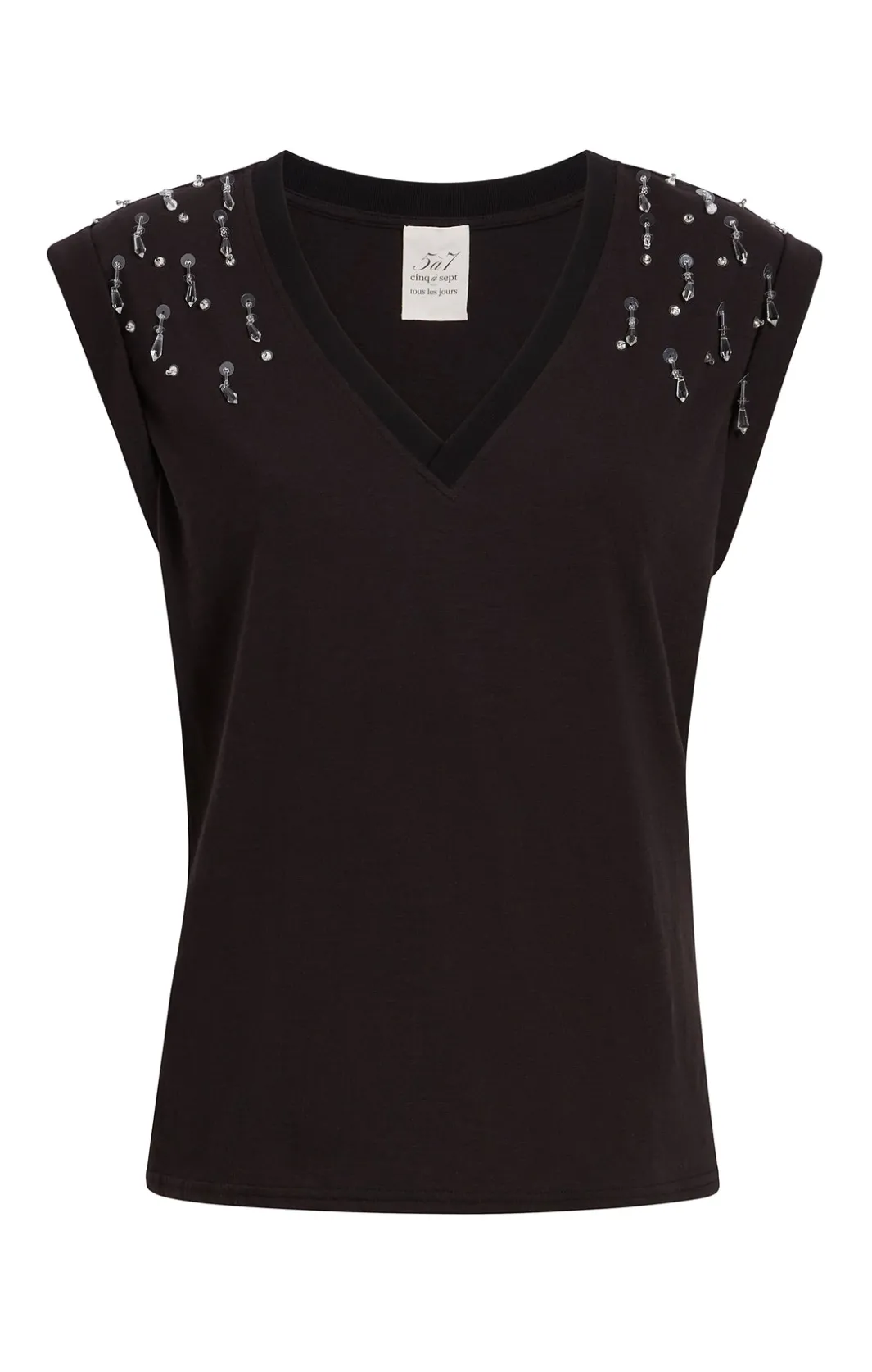 Tees & Pullovers<Cinq à Sept Teardrop Crystal Embellished V-Neck Bella Tee BlackMulti