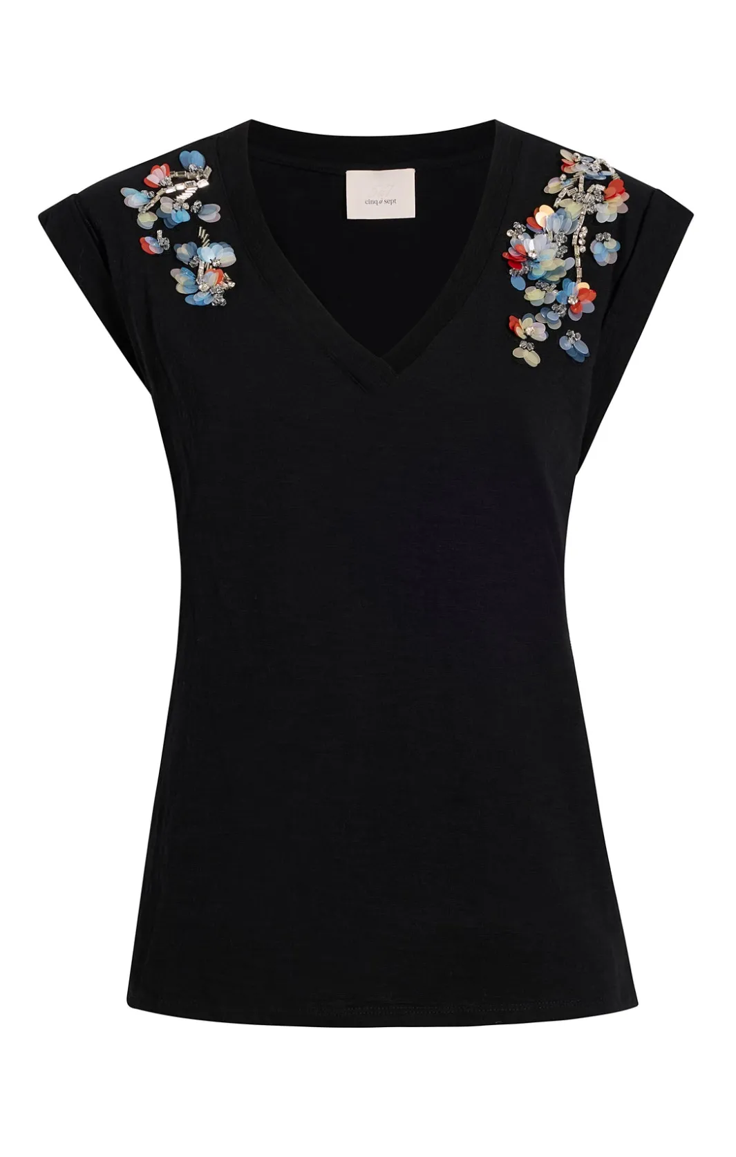 Tees & Pullovers<Cinq à Sept V-Neck Bella Tee SequinFlowerBlackMulti