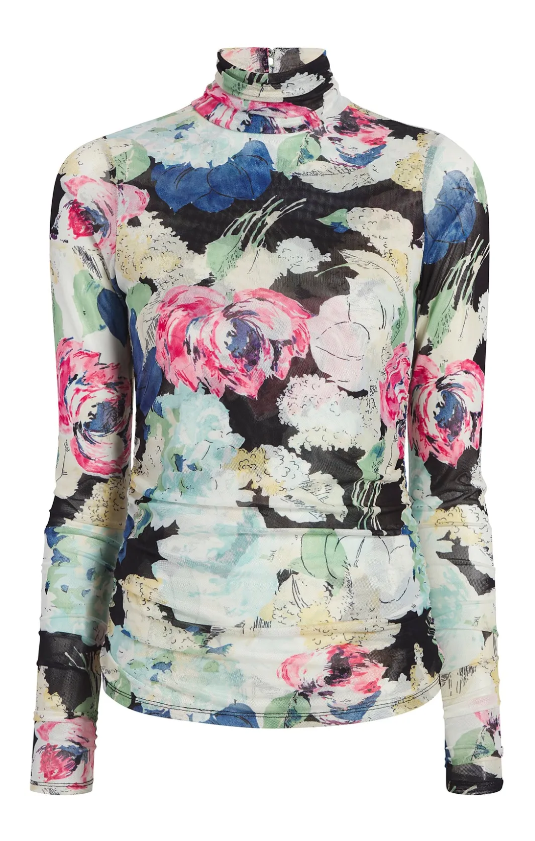 Long Sleeve Tops<Cinq à Sept Wildwood Flower Shirred Mesh Turtleneck BlackMulti